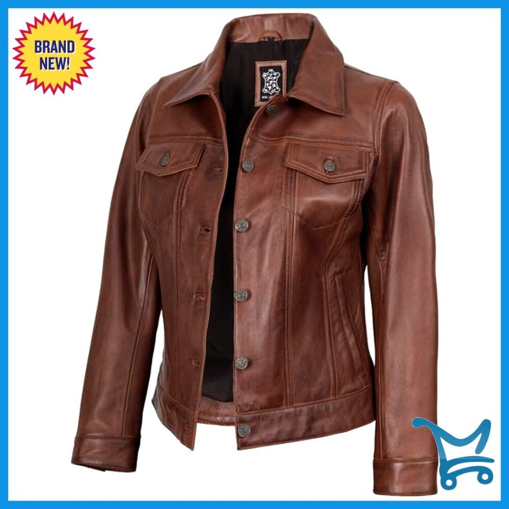 Real Lambskin Leather Jacket Trucker Style Women's Premium Quality